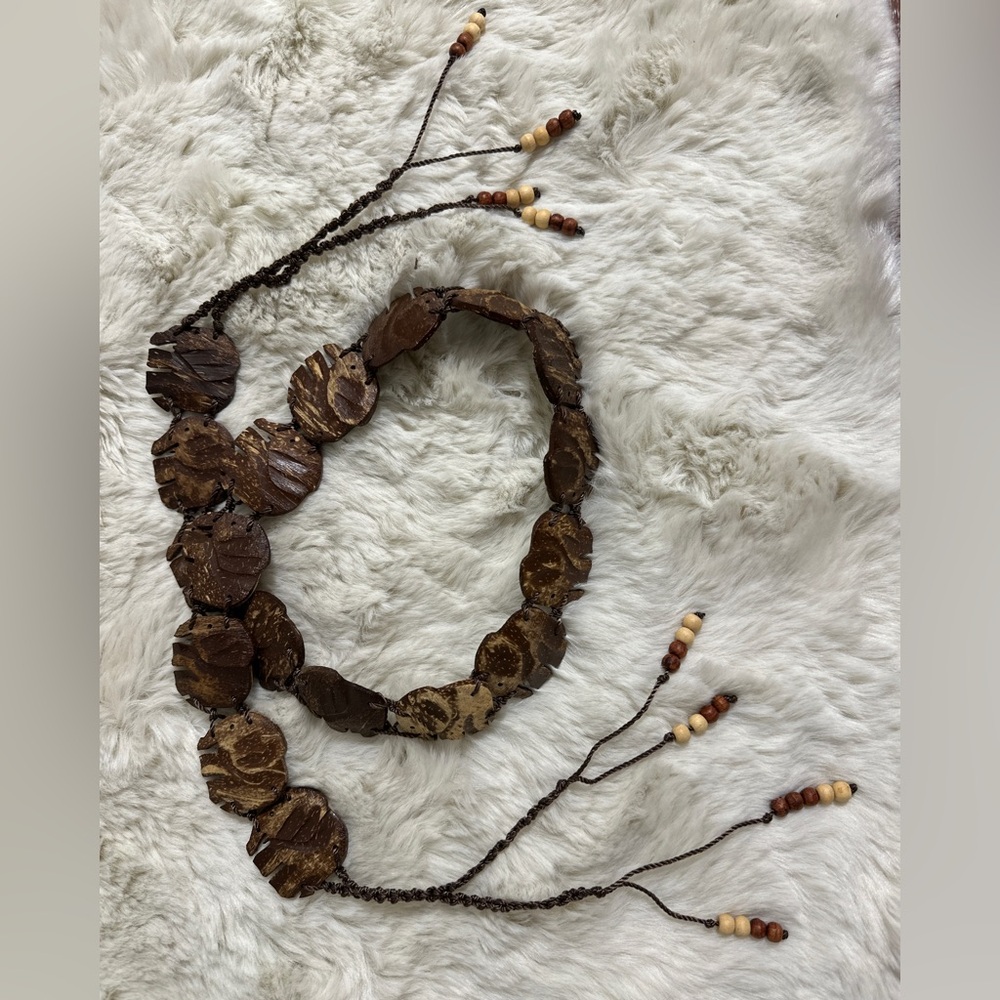 Handcarved Elephant Brown Coconut Shell Beaded Braided Tie Wrap Belt One Size